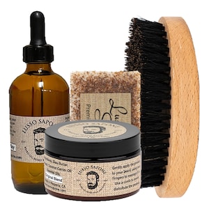 Beard Care Kit, Beard Oil 4 oz, Beard Balm 4 oz, Soap, and Wood Beard Brush. Personalization available