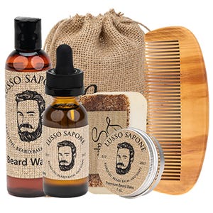 Kit di olio per barba, balsamo, detergente, sapone per uomo e pettine per barba - Set per la cura della barba completamente naturale per morbidezza, idratazione e cura della barba - Regalo perfetto per gli uomini