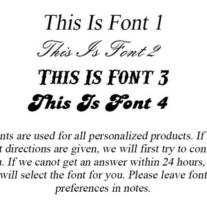 May include: Four different font styles are displayed in black text on a white background. The text reads: "This Is Font 1", "This Is Font 2", "THIS IS FONT 3", and "This Is Font 4".  Below the fonts, there is a description of how fonts are used for personalized products.