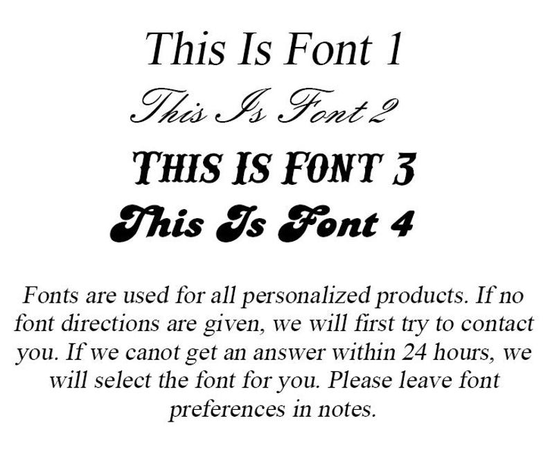 May include: Four different font styles are displayed in black text on a white background. The text reads: "This Is Font 1", "This Is Font 2", "THIS IS FONT 3", and "This Is Font 4".  Below the fonts, there is a description of how fonts are used for personalized products.