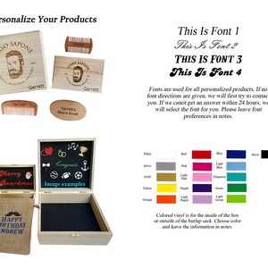 May include: A set of personalized wooden boxes and a burlap sack with various fonts and colors to choose from. The boxes are for beard care products and the sack is for gifts. The text on the boxes reads "Lusso Sapone" and "Garrett's Beard Brush". The text on the sack reads "Happy Birthday Andrew".