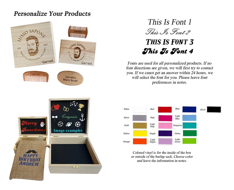 May include: A set of personalized wooden boxes and a burlap sack with various fonts and colors to choose from. The boxes are for beard care products and the sack is for gifts. The text on the boxes reads "Lusso Sapone" and "Garrett's Beard Brush". The text on the sack reads "Happy Birthday Andrew".