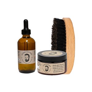 All-in-One Beard Care Package: Beard Oil, Balm, and Option to Personalize a Wooden Beard Brush by Lusso Sapone