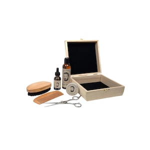 Beard Grooming Kit, Beard Oil, Beard Balm, Beard Wash, Wood Beard Comb, Wood Beard Brush, Trimming Scissors, and Gift Box, Personalization
