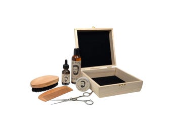 Beard Grooming Kit, Beard Oil, Beard Balm, Beard Wash, Wood Beard Comb, Wood Beard Brush, Trimming Scissors, and Gift Box, Personalization