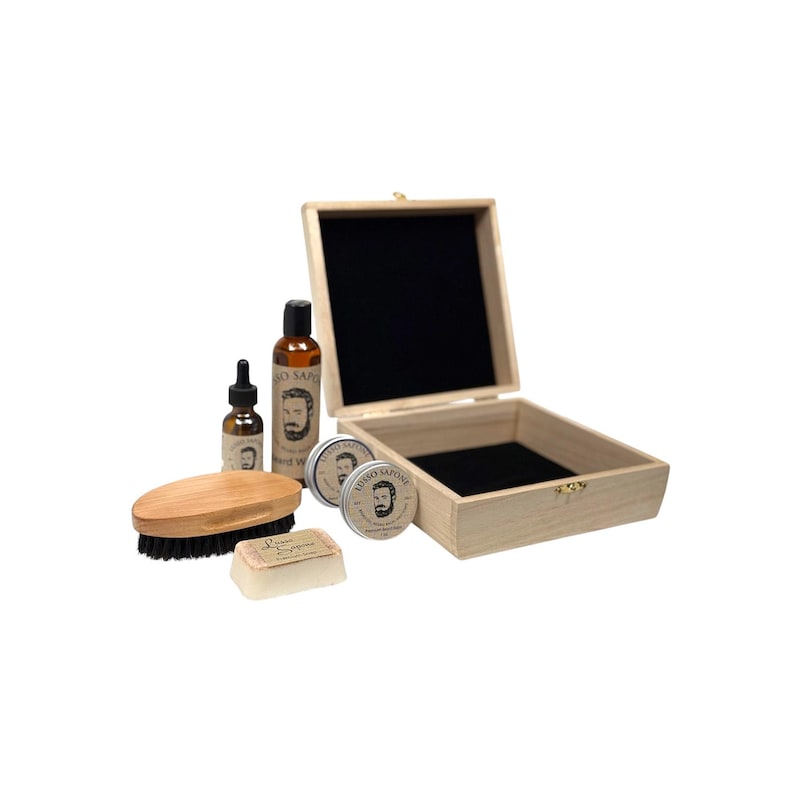 Complete Mens Gift Set for Beard Grooming and Growth - Beard Oil, Beard Balm, Beard Wax, Beard Wash, Mens Soap, Beard Brush by Lusso Sapone image 1