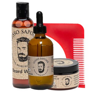 Beard Conditioner Kit. Beard Grooming Kit Includes: 4 oz Beard Oil, 4 oz Beard Balm, 4 oz Beard Wash, and Shaping Comb
