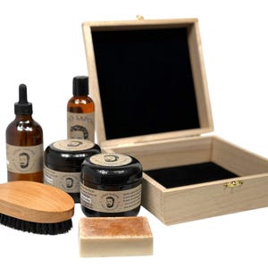 All In One Beard Grooming Kit, Beard Balm 4 oz, Beard Oil 4 oz, Beard Wax 4 oz, Beard Wash 4 oz, & Beard Brush, Personalization Available