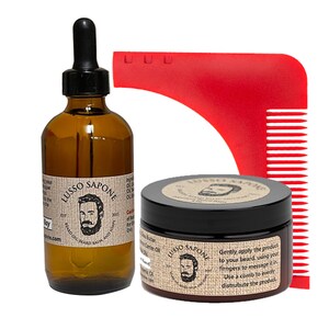 Luxury Beard Care Set: Premium 4 oz Beard Oil, Balm & Comb by Lusso Sapone