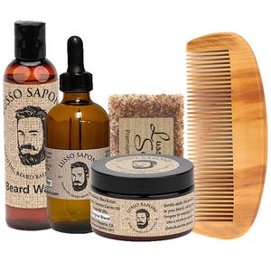Regalo personalizzato, kit per la cura della persona, olio per barba da 4 once, balsamo per barba da 4 once, detergente per barba da 4 once, sapone e pettine per barba in legno di Lusso Sapone