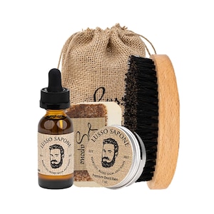 All In One Beard Care Kit in Eco-Friendly Bag | Contains Beard Oil, Balm, Soap, & Beard Brush, | Personalized Gift