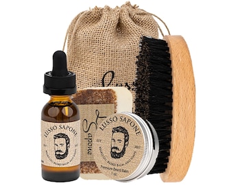 All In One Beard Care Kit in Eco-Friendly Bag | Contains Beard Oil, Balm, Soap, & Beard Brush, | Personalized Gift
