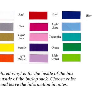May include: A color chart displaying rectangular swatches of white, silver, gold, yellow, orange, red, pink, light pink, purple, light purple, blue, light blue, turquoise, green, light green, and black vinyl with text labels for each.