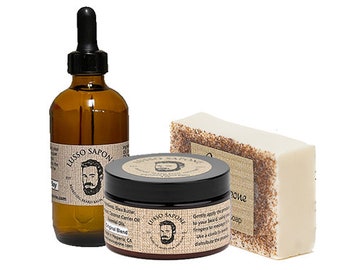 Beard Care Kit. Includes: 4 oz Beard Oil, 4 oz Beard Balm, and Soap.