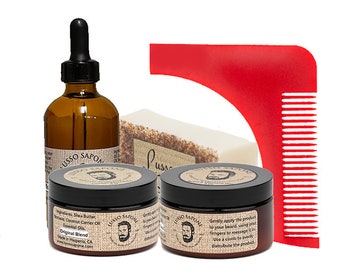 Beard Kit. 4 oz Beard Oil, 4 oz Beard Balm & 4 oz Beard Wax, Soap and Beard Shaping Comb