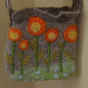 Phone Bag Crossbody; Needle Felt Pygora Goat, Alpaca, and Sheep Wool; Orange and Yellow Flowers; Lady Bug Ribbon Strap