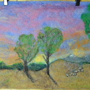 Needle felted sunset mountain meadow landscape