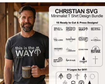 May include: A digital download graphic bundle featuring Christian SVG designs. The image includes a man wearing a dark gray t-shirt with the text "this is the WAY" and a mug. The bundle includes 16 ready-to-cut designs and 9 DIY logos.