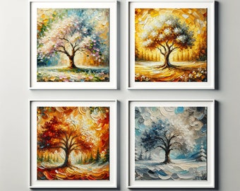 4 Painting Bundle - Tree in 4 Seasons - Spring Summer Fall Winter