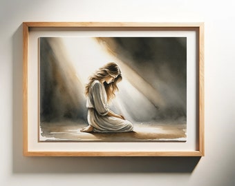 Bescheidenes Gebet - Aquarellmalerei - Die Kraft von Jesus kommt auf eine Frau im Gebet herab