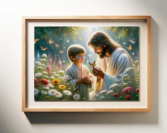 Wunderbar - Ein christliches Gemälde eines Jungen mit Jesus Christus in einem Feld von Schmetterlingen.