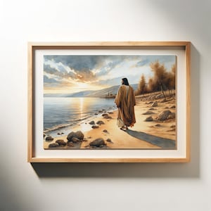 Galilee - Watercolor - Christian Art Christ walking alone by the Sea of Galilee