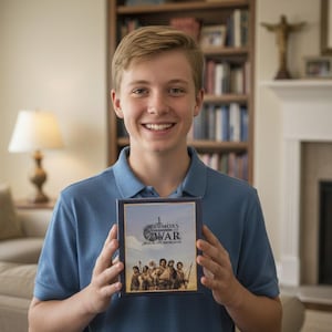 May include: A young person in a blue polo shirt holds a book titled "Rumors of War, Book of Mormon." The book cover features an illustration of several figures in a desert landscape. The background includes a bookshelf, a lamp, and a fireplace.
