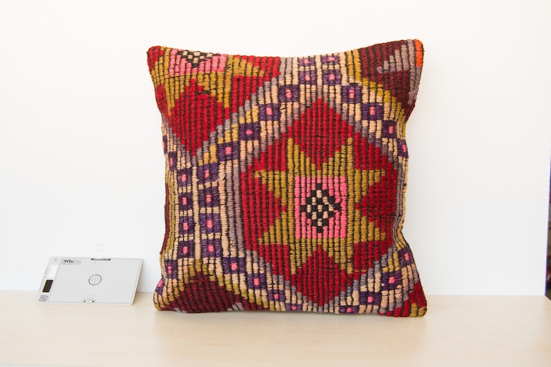 Decorative Wool Kilim Pillow Cushion cover made from Vintage Hand Woven Turkish Anatolian Rug D0638 40x40cm 16x16