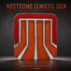 May include: A square resin cast sign featuring the Nostromo semiotic symbol with rounded corners. The design displays a red top border and four vertical orange bars set against a white background, all with a weathered, distressed finish.