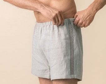 MICHAEL - Sleep Shorts With Lace, Basic Pajama Boxer, Men Natural Linen Underwear
