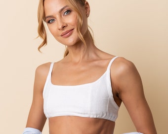 MADELYN - Organic White Tank Bra, Linen Bustier, Bandeau For Women, Yoga Lounge Top