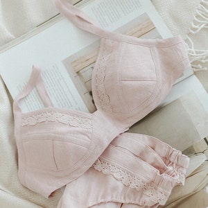 MONICA - Linen Bralette: Organic Linen Soft Triangle Bra with Lace