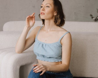 DAKOTA - Blue Linen Bandeau Bra Top: Summer Crop Bustier