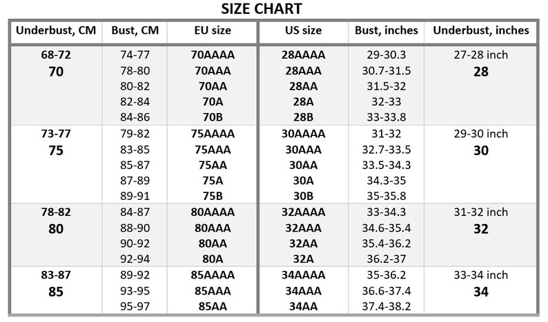 Pu&ograve; includere: Una tabella delle taglie per reggiseni, che mostra le misure corrispondenti in centimetri e pollici per il giro sotto seno, il giro seno, la taglia EU, la taglia USA e la taglia della coppa. La tabella include le taglie da 68-72 cm a 83-87 cm per il giro sotto seno, e da 74-77 cm a 95-97 cm per il giro seno.