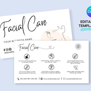 Facial Aftercare Card, Facial Aftercare, Facial Care, Facial Consent Form, Facial Templates, Editable Facial Aftercare Card Template