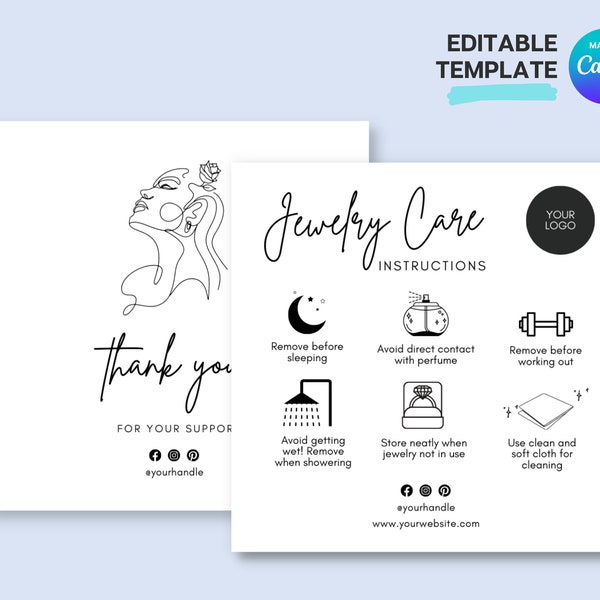 Jewelry Aftercare Card, Editable Jewelry Card Template, Minimalist Jewelry Card, Jewelry Care Card Guide, Canva Template, Digital Download