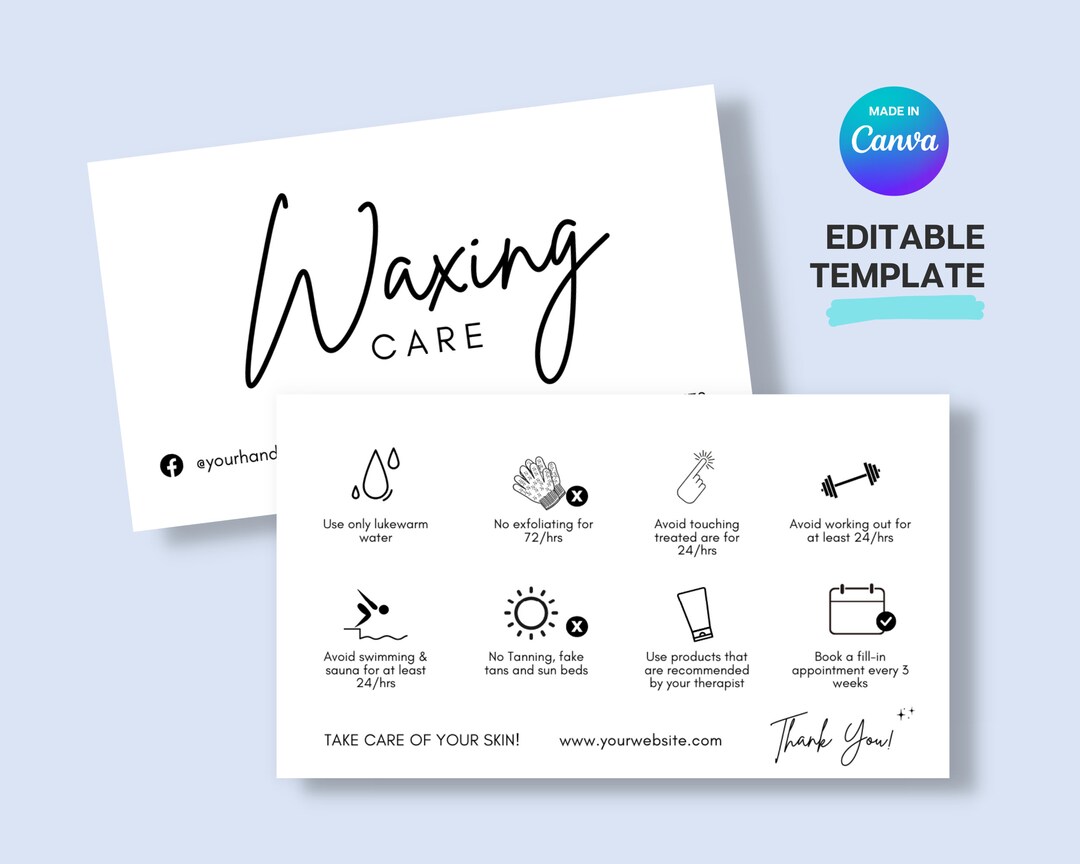 Wax Aftercare Card, Minimalist Aftercare, Editable Aftercare Card