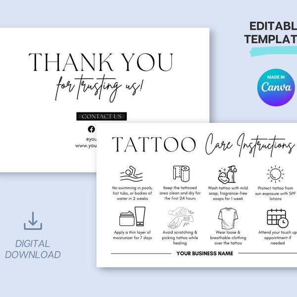 Tattoo Aftercare, Tattoo Artist, Temporary Tattoo, Tattoo Care, Editable Care Card, Care Instructions, Aftercare Cards, Skincare Template