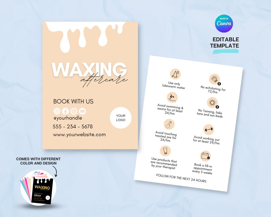 Waxing Aftercare Card Template, Printable Hair Removal Care Cards