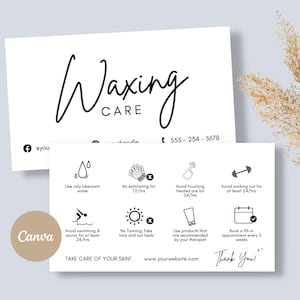 Cartão de cuidados posteriores com cera, cuidados posteriores minimalistas, cartão de cuidados posteriores editável, cartão de cuidados com cera brasileira, modelo editável, download instantâneo, Canva