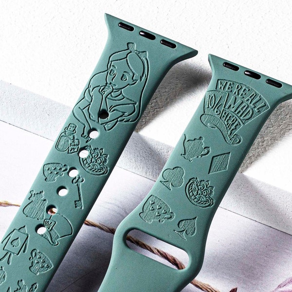 Alice au pays des merveilles silicone Apple Watch Band pour 38mm 40mm 41mm 42mm 44mm 45mm, bracelet Apple Watch personnalisé