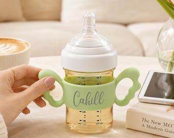 Etiquetas personalizadas de silicona para biberones / Accesorios de alimentación personalizados con nombre para recién nacidos / Etiquetas para biberones con asa de ala de ángel / Regalo para bebé