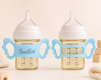 Etiquetas personalizadas de silicona para biberones con asa / Etiquetas personalizadas con nombre para la alimentación del recién nacido / Regalo para baby shower / Regalo único y original para bebés