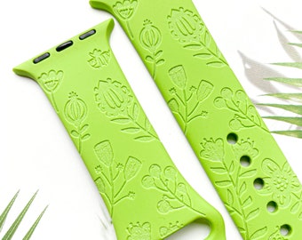 Correa de reloj inteligente grabada con flores silvestres para relojes de 38 mm, 40 mm, 41 mm, 42 mm, 44 mm y 45 mm, correa de silicona personalizada para reloj inteligente.