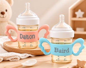 Etiquetas personalizadas de silicona para biberones con asa de ala de ángel / Etiquetas personalizadas para biberones / Regalo para baby shower / Etiquetas para biberones