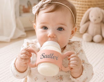Personalized Silicone Baby Bottle Labels/ Custom Name Feeding Additions with Angel Wing Handle/ Perfect Newborn Gift/ Baby Shower Gift