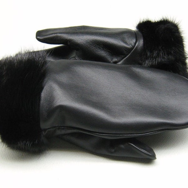 Nouvelle vraie fourrure de vison - véritable cuir Napa gants chauds mitaines d'hiver M