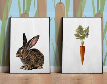 Rabbit and Carrot, instant download, print set of 2 nursery puppy prints, bunny print downloadable