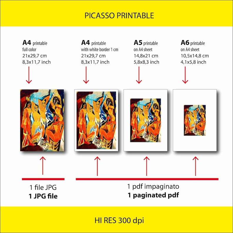 Picasso printable A4 Les Demoiselles dAvignon colorful. Pablo Picasso poster A4 instant download. Pdf poster printable. Picasso painting image 2
