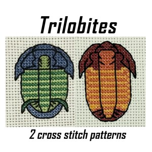 Puede incluir: Dos patrones de punto de cruz de trilobites, uno en verde y azul y el otro en naranja y marrón. El texto "Trilobites" está por encima de los patrones y "2 patrones de punto de cruz" está por debajo.